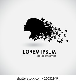 Symbol silhouette head girl with butterflies. Vector