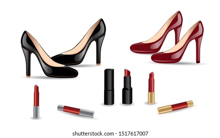 Symbol silhouette shoes for woman, black and red colors, lipstick tube, isolated on white background