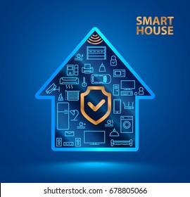 Symbol silhouette smart house with icons of household appliances. The shield icon. Protecting your home from hackers or robbers. The security of the Internet of things (iot).