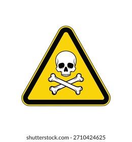 Symbol of skull and crossbones sign vector warning of danger with black and yellow triangle. Beware caution board illustration.