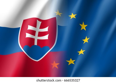 Symbol of Slovakia is EU member. European Union sign with twelve gold stars on blue and Slovakia national flag. Vector isolated icon