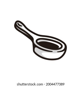 symbol of a small frying pan, in black line art style and shadow details.