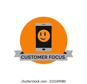 Symbol smiley face on the smart-phone screen as a sign of a high customer focus. Vector achievement badge.