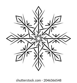 Symbol Snowflake. Black Snowflake On A White Background Pattern. Element For Decorating Xmas Souvenirs, Postcards, Calendar. Symmetrical Round Snowflake With Sharp Corners. Vector.