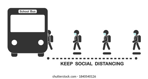 A symbol of social distancing for queueing to get on school bus to prevent the spread of Coronavirus among children, New normal concept, Sign and symbol COVID-19 illustration.	