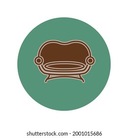Symbol of sofa on circle colored background. Flat illustration in form of thin lines for interior design. Couch with three pillows and backs. Symbolic icon for comfortable seat. Vector.
