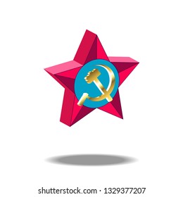 The symbol of the Soviet Union hammer and sickle on the background of a red star 3d. Vector illustration on the white background.