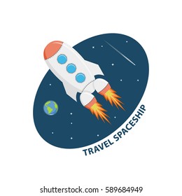 Symbol space flights and research. Icon travel on spaceship. Cartoon sticker explore space isolated on a white background. Vector illustration in flat style.