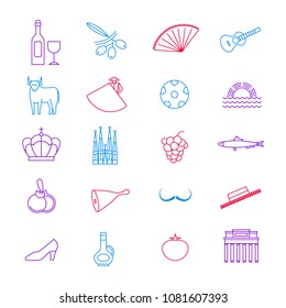 Symbol of Spain Color Thin Line Icon Set Style Design Element Travel. Vector illustration of Spanish National Culture, Food and Monument