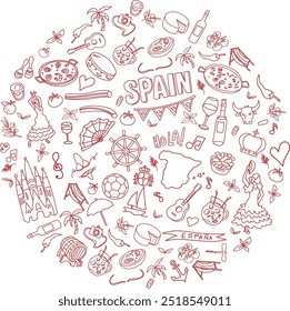 Symbol of Spain inside a circle shape element Doodle Art Illustration. Hand drawn vector clip art