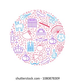 Symbol of Spain Thin Line Icon Round Design Template Style Design Element Travel. Vector illustration of Spanish National Culture, Food and Monument