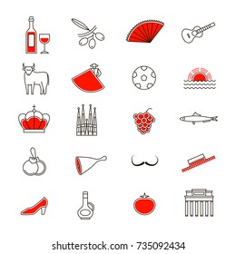 Symbol of Spain Thin Line Icon Set Style Design Element Travel. Vector illustration of Spanish National Culture, Food and Monument