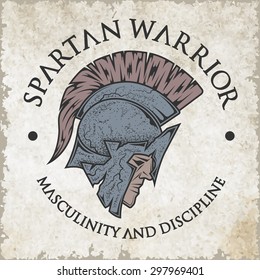 Symbol Spartan, Greek, warrior, a soldier in the traditional helmet on his head. Emblem, logo vintage style.