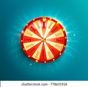 Symbol of spinning fortune wheel in realistic style. Shiny lucky roulette for your design on blue glowing background. Vector illustration.