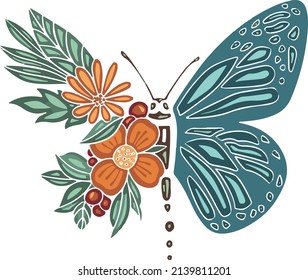 Symbol of spring butterfly moth decorated with spring flowers, illustration vector