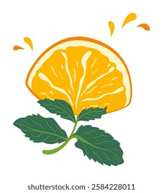 The symbol of spring sunshine is a bright juicy orange like a blossoming flower. Vector isolated drawing vitamin growth and health vitamin D3 and C. Orange citrus slice and mint leaves for healthy