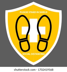 Symbol of The standpoint Social distancing footprint sign in yellow color with text Please stand in shied for standing area in the elevator (Lift), Customer queue for Covid-19, Coronavirus outbreak. 