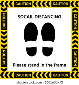 Symbol of The standpoint in a yellow frame with the text  According to the concept, stop the spread of germs by making a social distance.