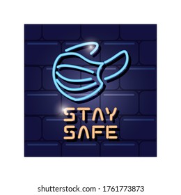 symbol of stay safe in neon light vector illustration design