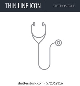 Symbol of Stethoscope. Thin line Icon of Medicine Part One. Stroke Pictogram Graphic for Web Design. Quality Outline Vector Symbol Concept. Premium Mono Linear Beautiful Plain Laconic Logo