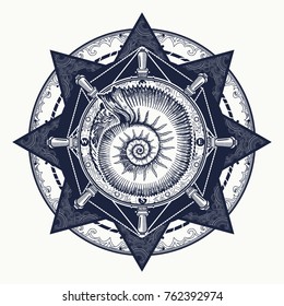 Symbol of a storm and calm, silence and noise. Alchemy, medieval religion, occultism tattoo. Ocean wave art 