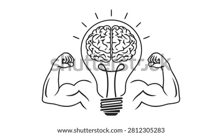 Symbol of strong mental power and bright idea represented by a flexing arm lightbulb with brain