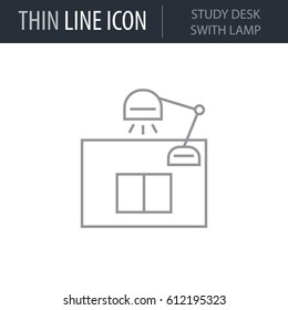 Symbol of Study Desk Swith Lamp. Thin line Icon of College. Stroke Pictogram Graphic for Web Design. Quality Outline Vector Symbol Concept. Premium Mono Linear Beautiful Plain Laconic Logo