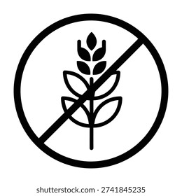 Symbol of a stylized wheat stalk enclosed in a circle with a diagonal line indicating prohibition representing a gluten free dietary choice for health conscious individuals