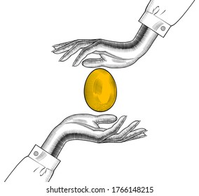 Symbol of success. Female hands holding a Golden egg. Perfection, well-being, prosperity. Vintage engraving stylized drawing. Vector illustration