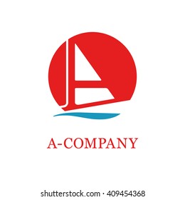 Symbol of success. Vector logo connecting letter A and yacht in one shape. Sail silhouette on red sun (sunset or sunrise) background. Logotype for serious business, education, medicine etc.