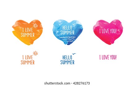 Symbol of summer. Blue, yellow and pink watercolor hearts. Doodles, sketch for your design. Vector illustration