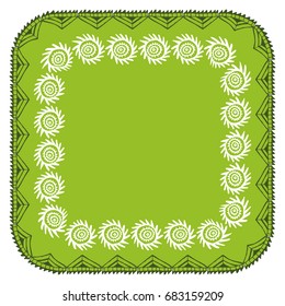 Symbol of the sun Beautiful card with native zigzag ornaments. Square frame for your text. Hand drawn banner template with ethnic aztec border. Dark green white contour on green background. Vector
