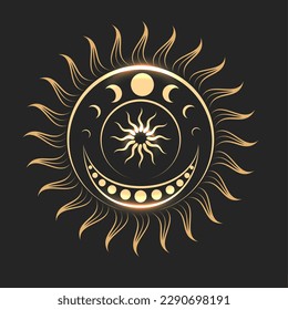 Symbol of Sun and Moon Phases Ancient Esoteric Illustration isolated on black background. Vector illustration.