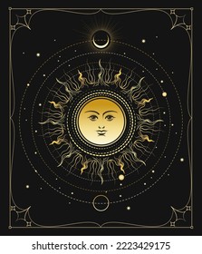 Symbol of Sun with Moon Phases and Stars Astrological Esoteric Emblem isolated on black background. Vector Illustration