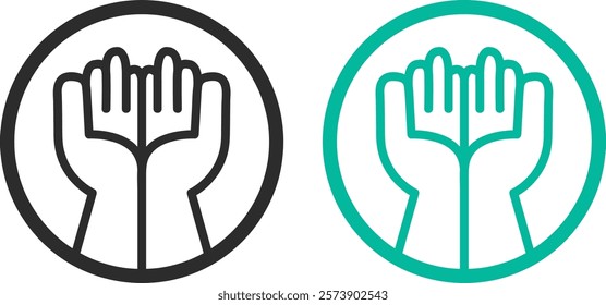 Symbol of support, help and care, circle with open palms, icon in black and green colors.