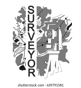 Symbol for surveyor. Geodesic device and map.