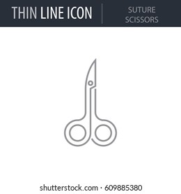 Symbol of Suture Scissors. Thin line Icon of Dentist Tools. Stroke Pictogram Graphic for Web Design. Quality Outline Vector Symbol Concept. Premium Mono Linear Beautiful Plain Laconic Logo