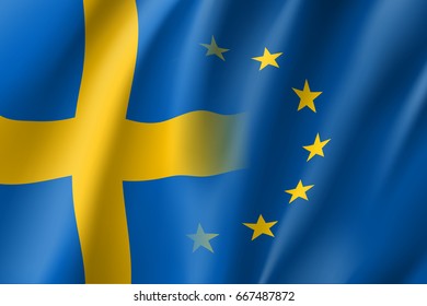 Symbol of Sweden is EU member. European Union sign with  gold stars on blue and Sweden national flag. Vector isolated icon