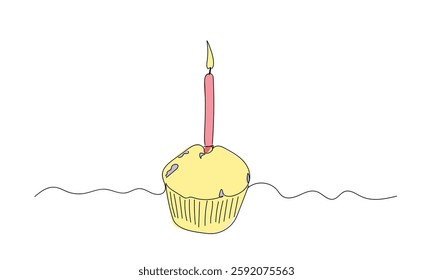 Symbol of sweet celebration torte and pastry confectionery icon concept in simple linear style. 
 Continuous one line drawing of birthday cake with candle. Hand made vector not Al