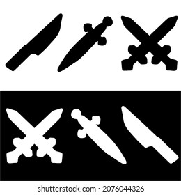 Símbolo de la espada y del icono de la línea delgada del cuchillo de los elementos del videojuego. Ilustración vectorial aislada.