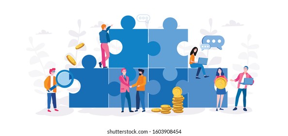 Symbol of teamwork, cooperation, partnership. Vector illustration for web banner, infographics, mobile.  Business concept. Team metaphor. people connecting puzzle elements. 