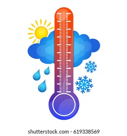 Symbol of temperature change. Sun, thermometer, rain, snow.