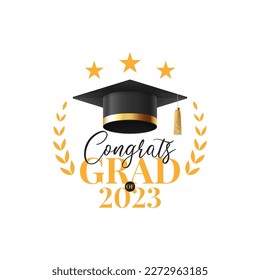 Plantilla de símbolo para la graduación 2023. Ilustración vectorial con logotipo para la graduación 2023. Clase de etiqueta de 2023. Símbolo de la ceremonia de graduación con una gorra de mortero realista.