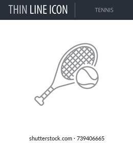 Symbol of Tennis. Thin line Icon of Set of Sport Equipment. Stroke Pictogram Graphic for Web Design. Quality Outline Vector Symbol Concept. Premium Mono Linear Beautiful Plain Laconic Logo