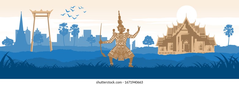symbol of Thailand,king of giant in pantomime,marble temple and giant swing in city scenery,vintage color,silhouette design,vector illustration 