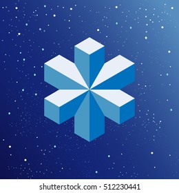 Symbol of three-dimensionality. 3d geometric shape. Low poly snowflake on starry sky background. Winter vector illustration.