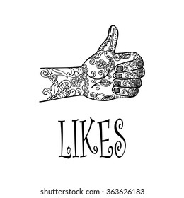  Symbol thumb like with Floral. Hand drawing illustration.