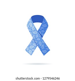 Symbol of thyroid awareness - blue paisley ribbon. Vector illustration in flat style