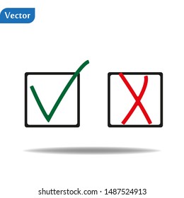 Symbol tick and cross. Isolated red and green checkmark painted with a brush. Grunge. eps10