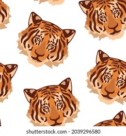 The symbol of the tiger of the New Year 2022. Vector illustration of a tiger portrait. Seamless pattern.